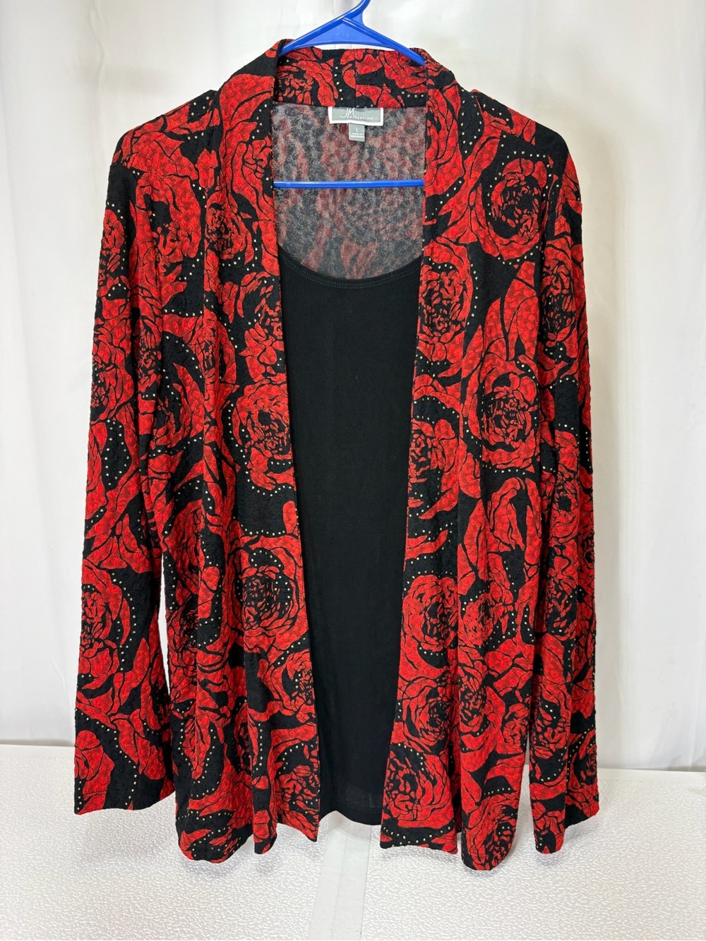 JM Collection Black Cardigan with Red Floral Print 4265